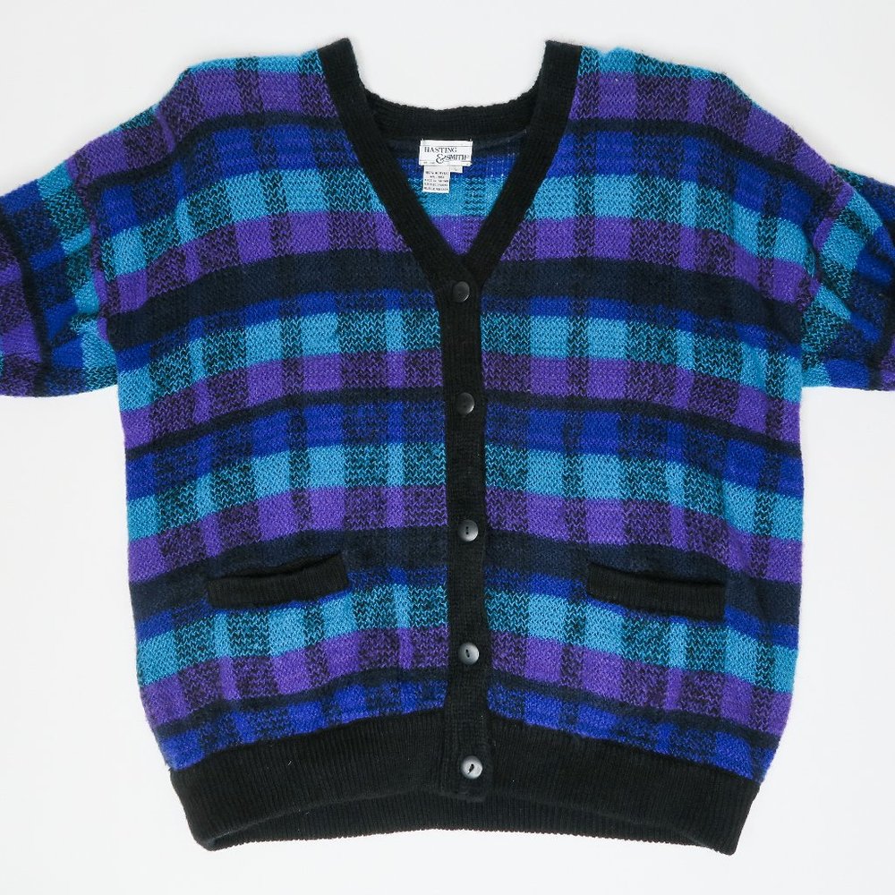 Vintage 70s Teal and Purple Plaid Cardigan Sweater